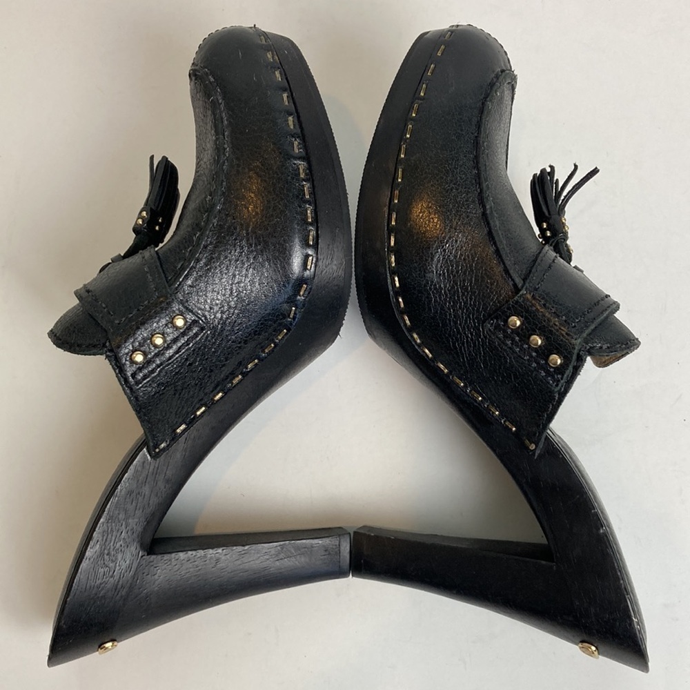 Michael Kors Pebbled Leather Wood Heeled Black Clog Tassel 7.5 Menswear Inspired - Picture 16 of 16